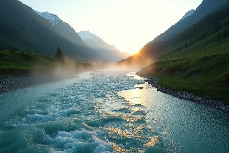 Fotografie: Majestätischer Bergfluss im Morgenlicht